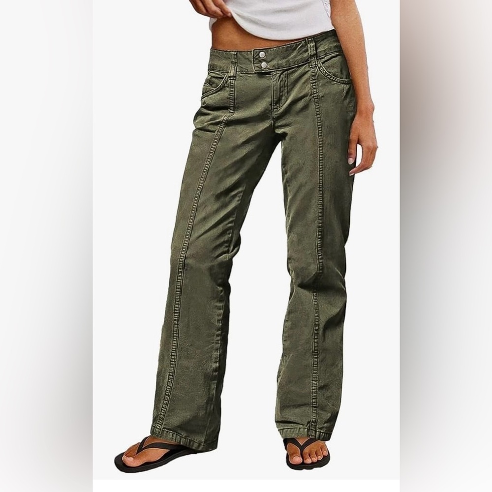 Flamingals Solid Seam Front Mid Rise Straight Leg Jeans Olive Green Small NWT - Picture 2 of 8